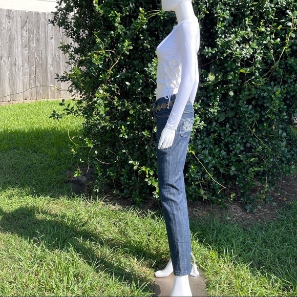 7 FAMK Dark Pleated Embroidered Bootcut Jeans - Picture 9 of 15